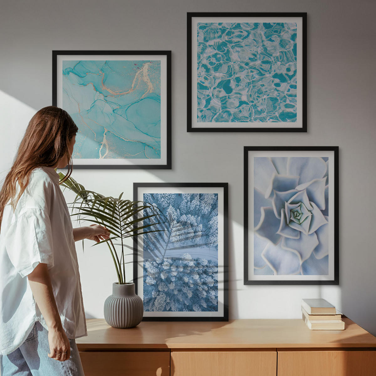 WANDBILDER 4er-Set - 50x50 cm & 40x60 cm Schwarzer Rahmen - Winterwald-Blaublume - Schwarz, Kunststoff (50/50cm) - ArtPrintCave
