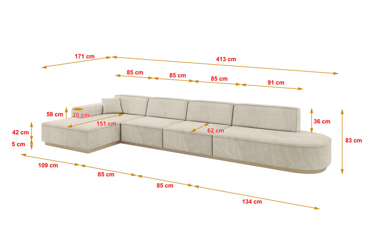 ECKSOFA Ottomane Links IREA-L3 - 413x171x83 cm Dunkelgrau - Ecru, Holzwerkstoff/Textil (413/171cm) - ALTDECOR