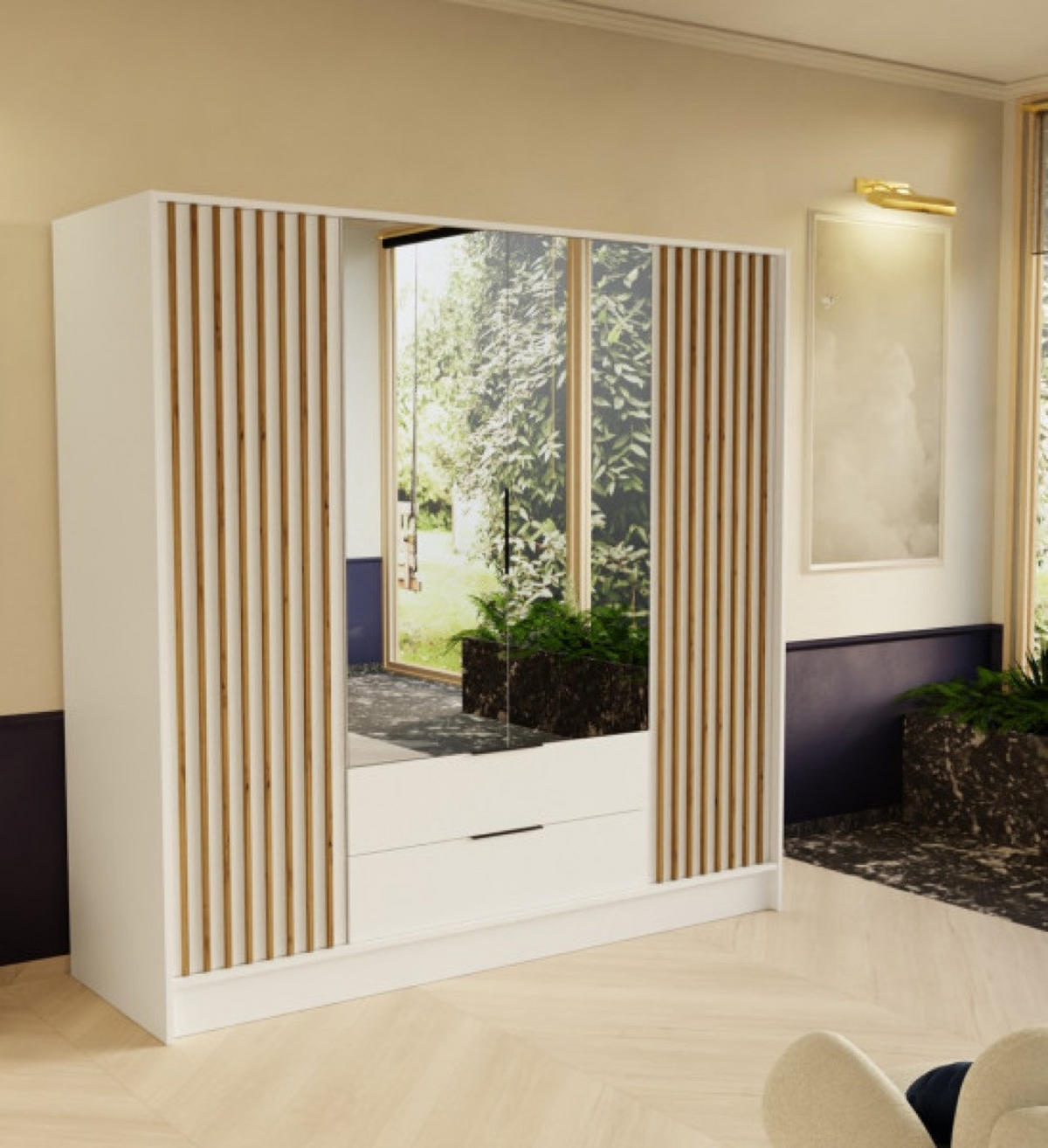 SCHRANK Weiß ORE 200 Mit Lamellen Und Spiegel Craft Gold - Eichefarben/Goldfarben, Holzwerkstoff (200/200/51cm) - Sepro Meble