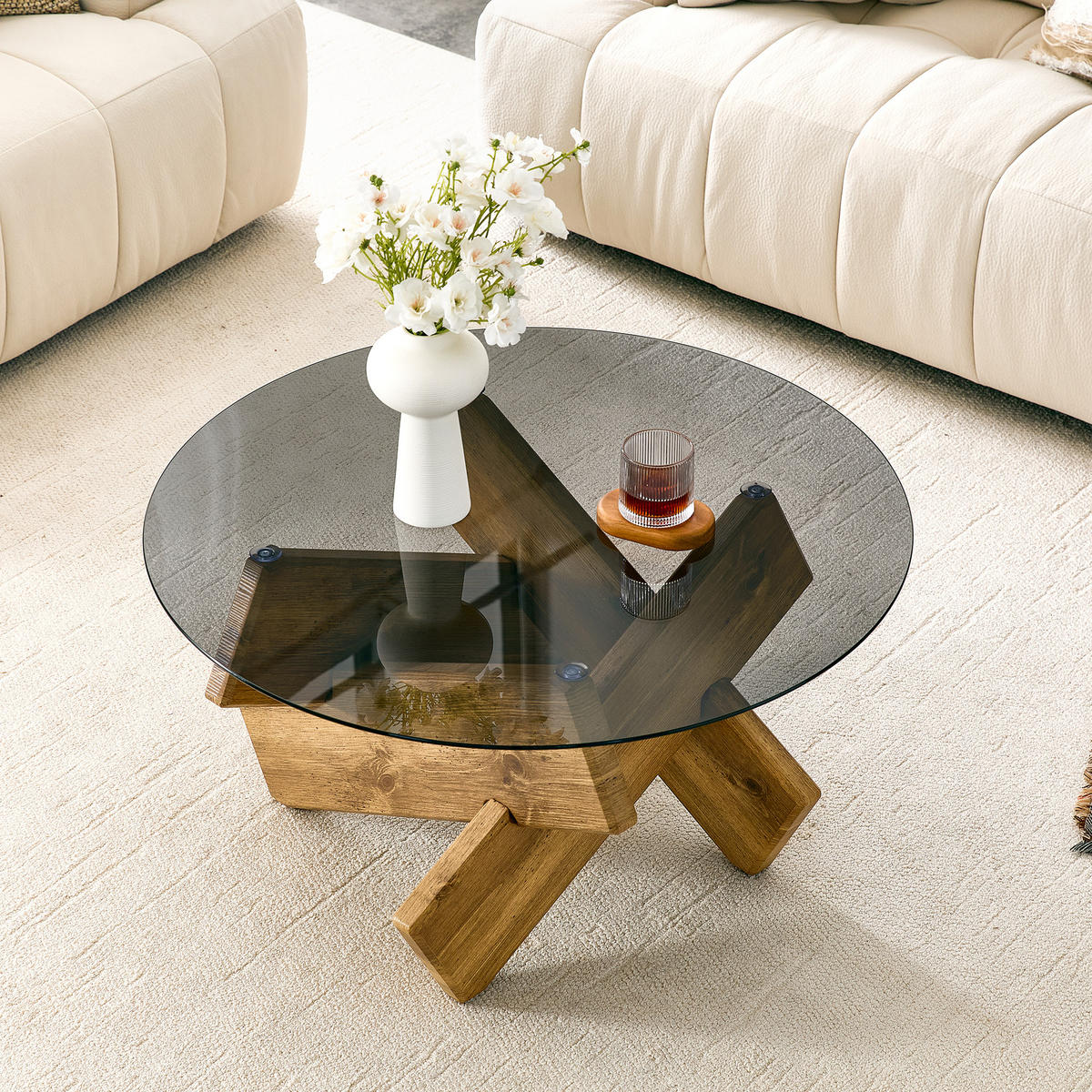 COUCHTISCH DE-37370 rund mit Glasplatte und skulpturalem Sockel Holz - Naturfarben, Holzwerkstoff (79/79/45cm) - ComfortXL