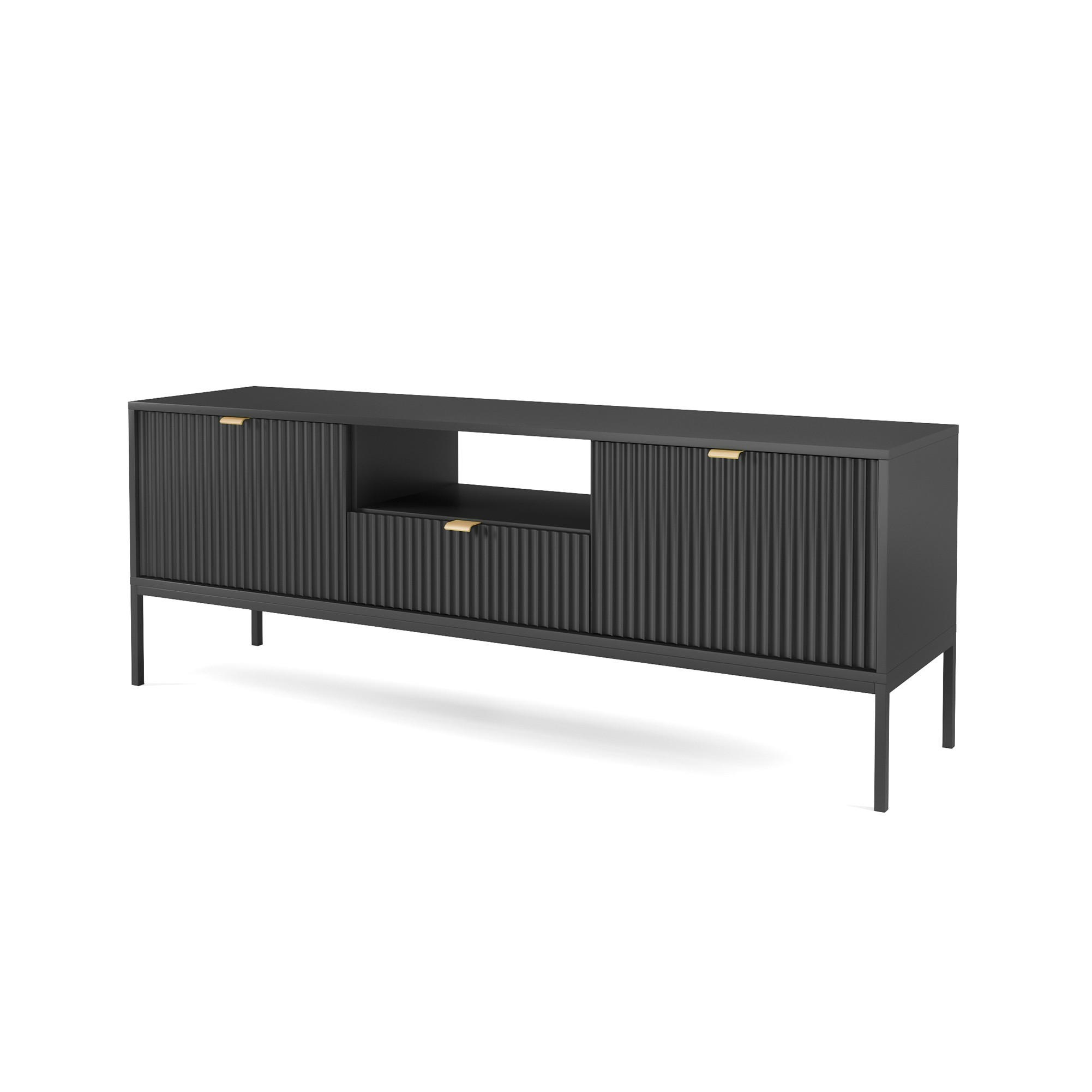 TV-SCHRANK Nova Schwarz, Schwarze Beine, zweitüriger TV-Tisch - Schwarz, Holzwerkstoff/Metall (154/56/39cm) - Bettso