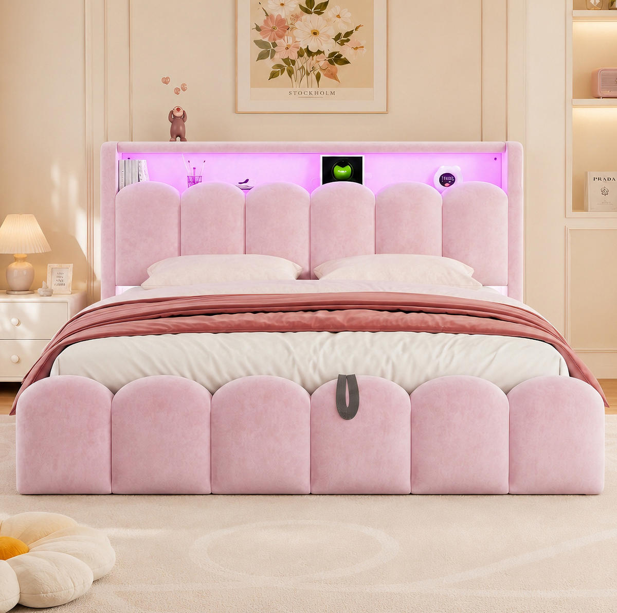POLSTERBETT aus Samtstoff 180x200 cm Pink mit Bettkasten, Kopfteil-Stauraum, LED und USB-Anschlüssen - Pink, Textil (180/200cm) - Modfu