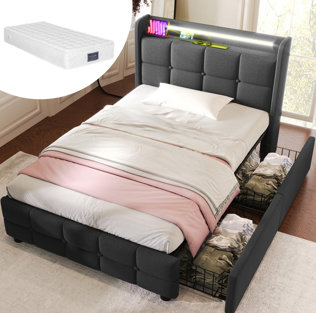 POLSTERBETT mit USB, LED und 2 Schubladen 90x200 cm Grau inkl. Matratze - Grau, Holz (90/200cm) - Meubliv