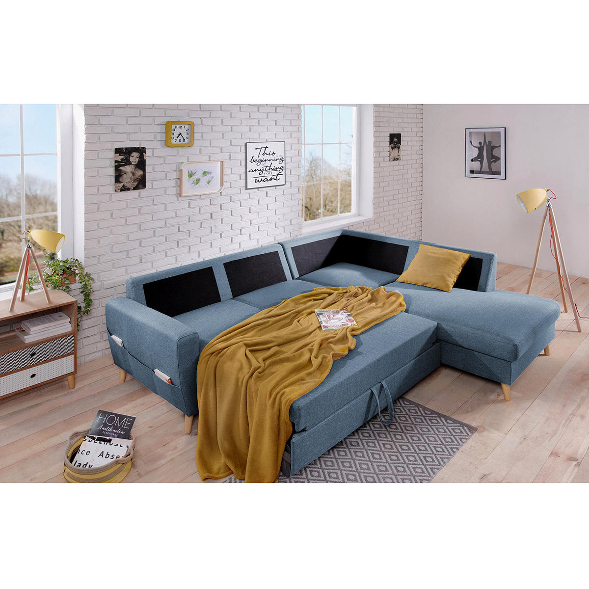 ECKSOFA mit Ottomane - Webstoff - Hellbraun/Grau, Holz/Textil (230/200cm) - home24