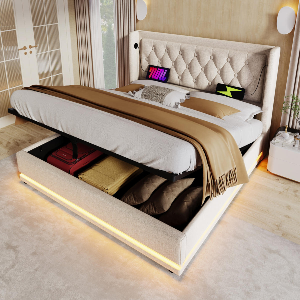 POLSTERBETT 140/200 cm mit LED-Beleuchtung, USB-C, hydraulischem Bettkasten und Matratze, Baumwolle, Beige - Beige, Textil (140/200cm) - Redom