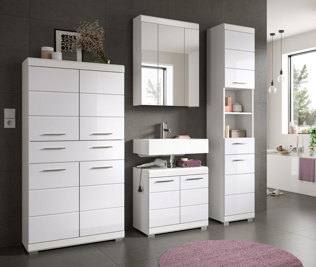 BADMÖBEL-SET weiß Hochglanz 4-teilig 200 cm, Komplettset mit viel Stauraum - Weiß Hochglanz, Glas/Holzwerkstoff (200/191/34cm) - Inn.Furn