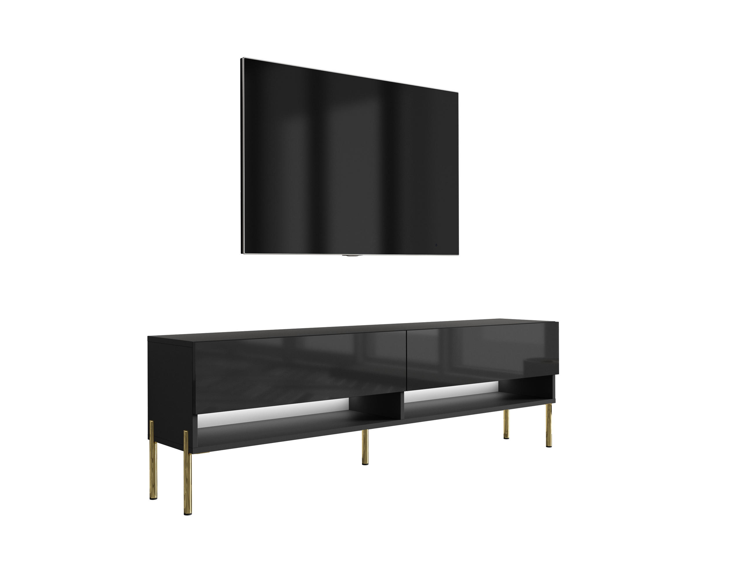 TV-LOWBOARD 170 cm Mattschwarz / Hochglanzschwarz, gerade goldene Beine, weiße LED, 170 × 32 × 52 cm - Schwarz, Holzwerkstoff (170/52/32cm) - 3XE LIVING