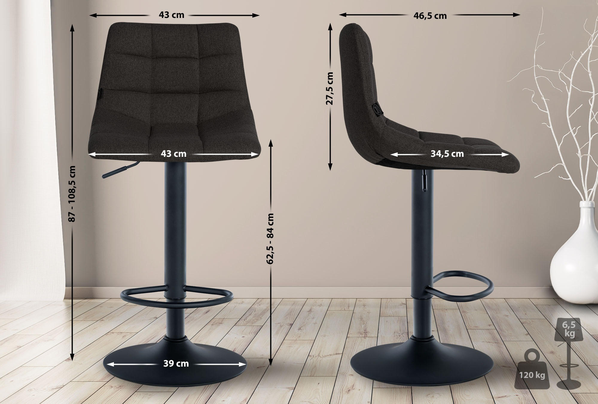 BARHOCKER 2er-Set DUBAI Schwarz Stoff Schwarz - Schwarz, Textil/Metall (43/87/46.5cm) - DELUKE