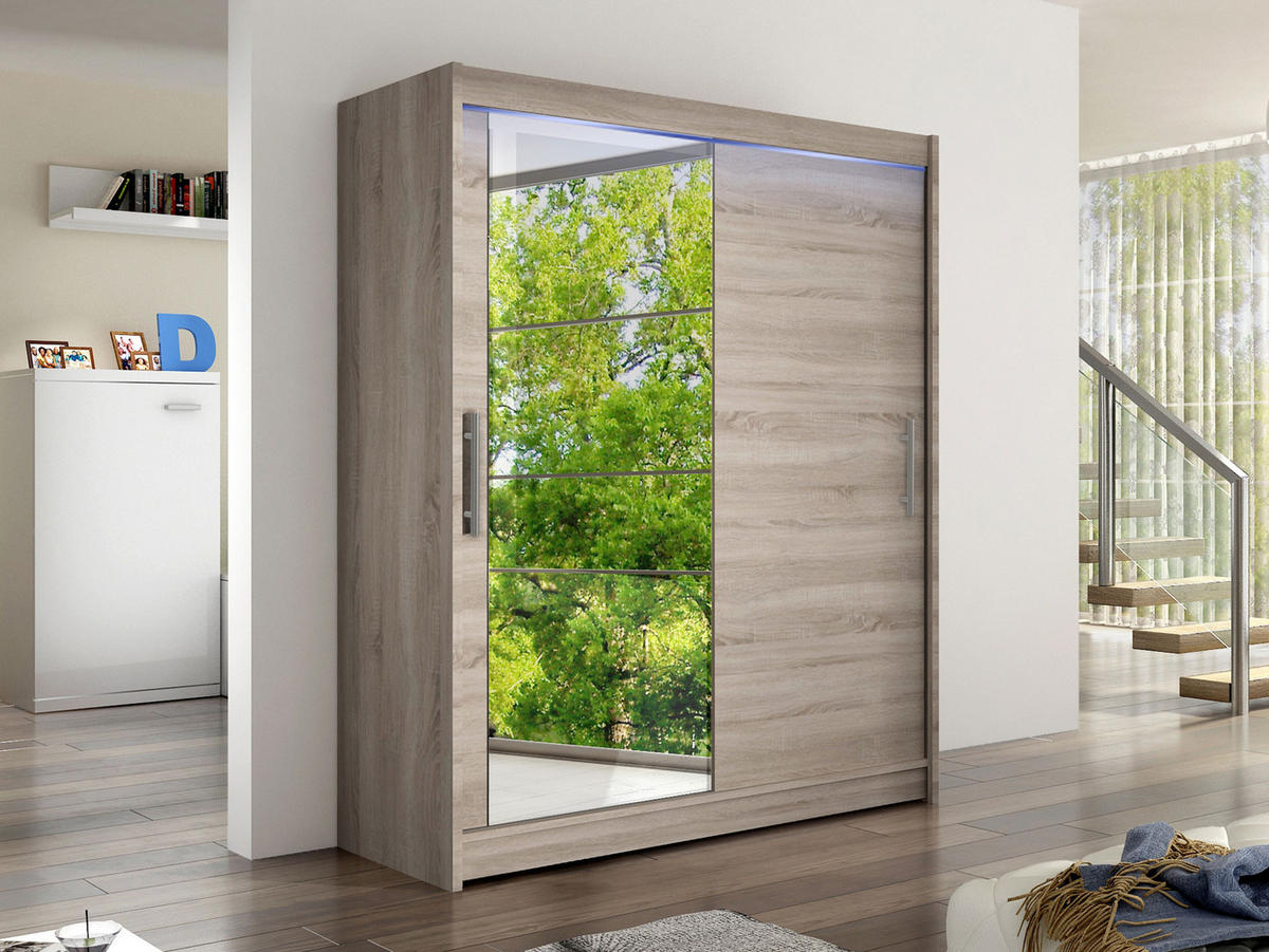 SCHWEBETÜRENSCHRANK Westa VI, mit RGB LED Beleuchtung - Silberfarben/Trüffeleichefarben, Holzwerkstoff/Metall (150/200/58cm) - MIRJAN24