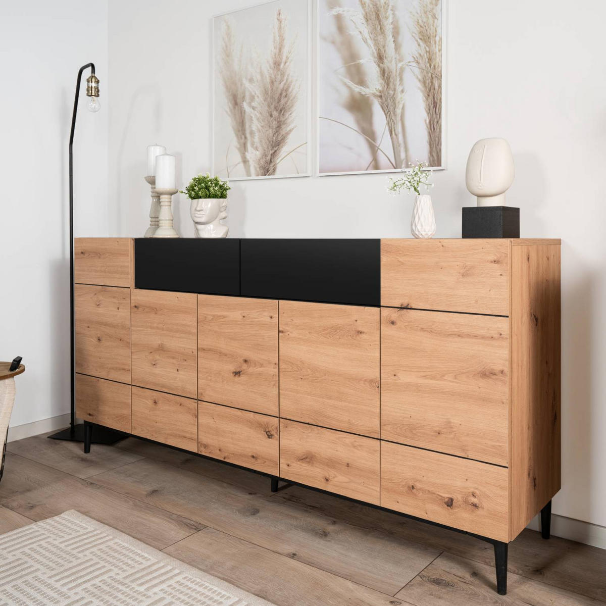 SIDEBOARD 180/90/42 cm Eiche, Schwarz - Schwarz/Braun, Holz (180/90/42cm) - Homestyle4u
