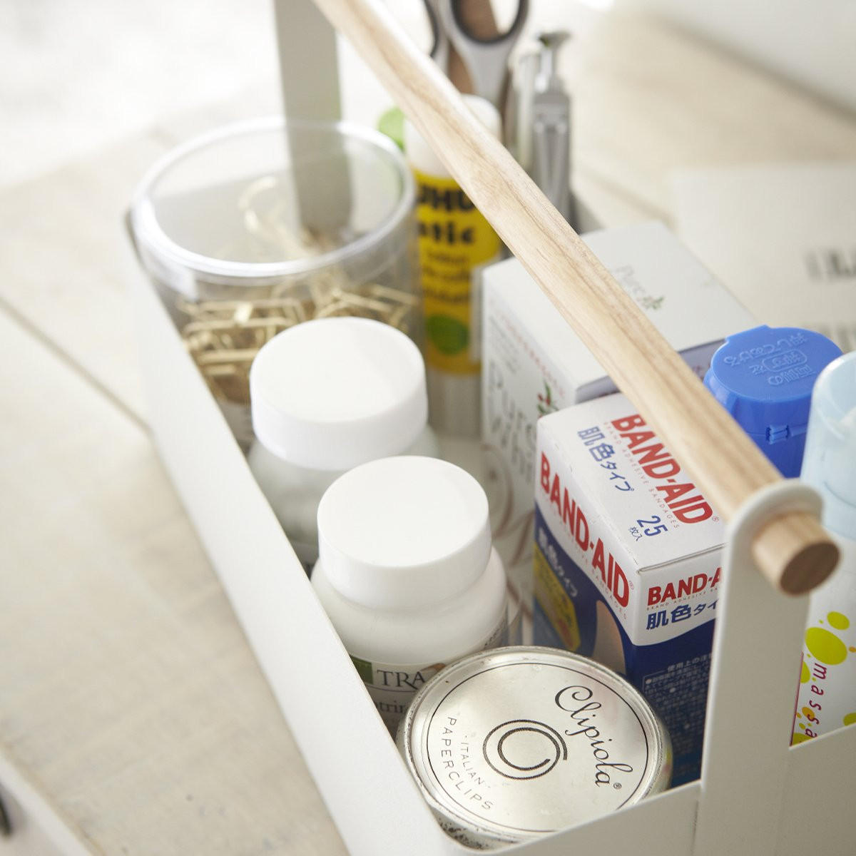 AUFBEWAHRUNGSKORB aus weißem Metall mit Holzgriff - L29 cm - Weiß, Metall (13/16/29cm) - Yamazaki