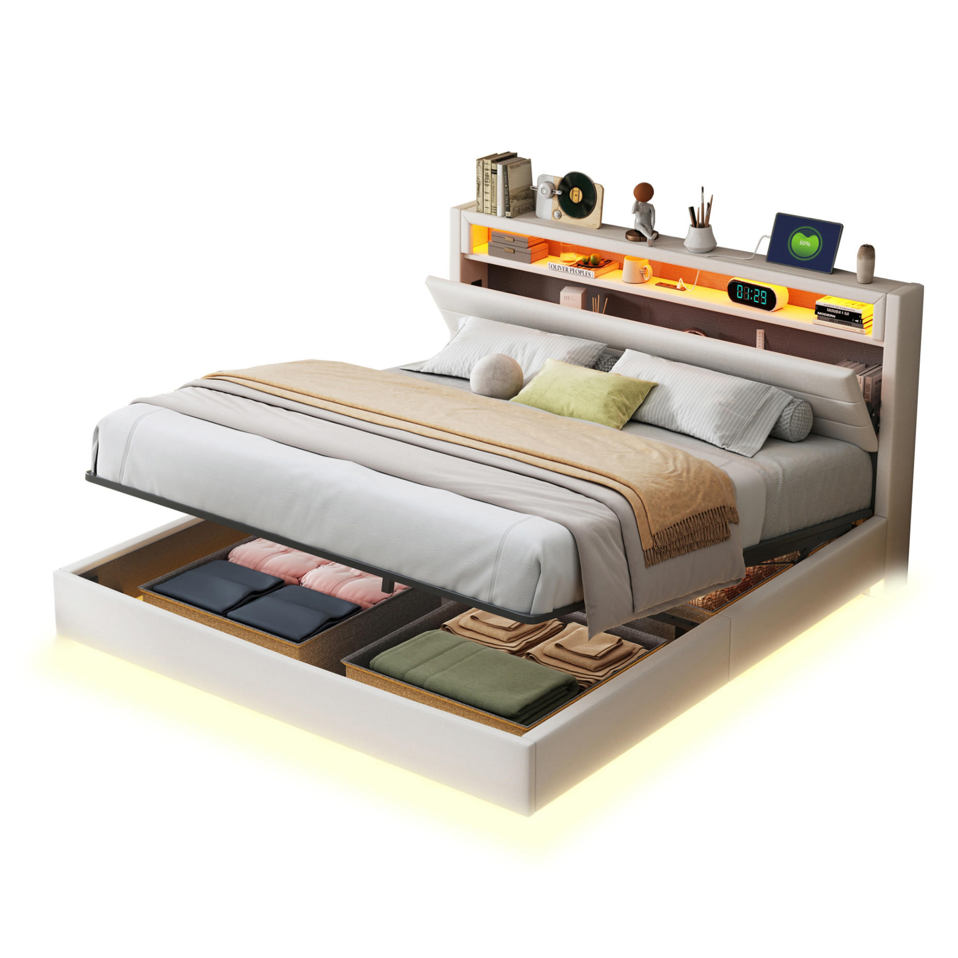 POLSTERBETT 160/200 cm Beige aus Stoff mit Stauraum und LED - Beige, Textil (160/200cm) - OKMYHOME