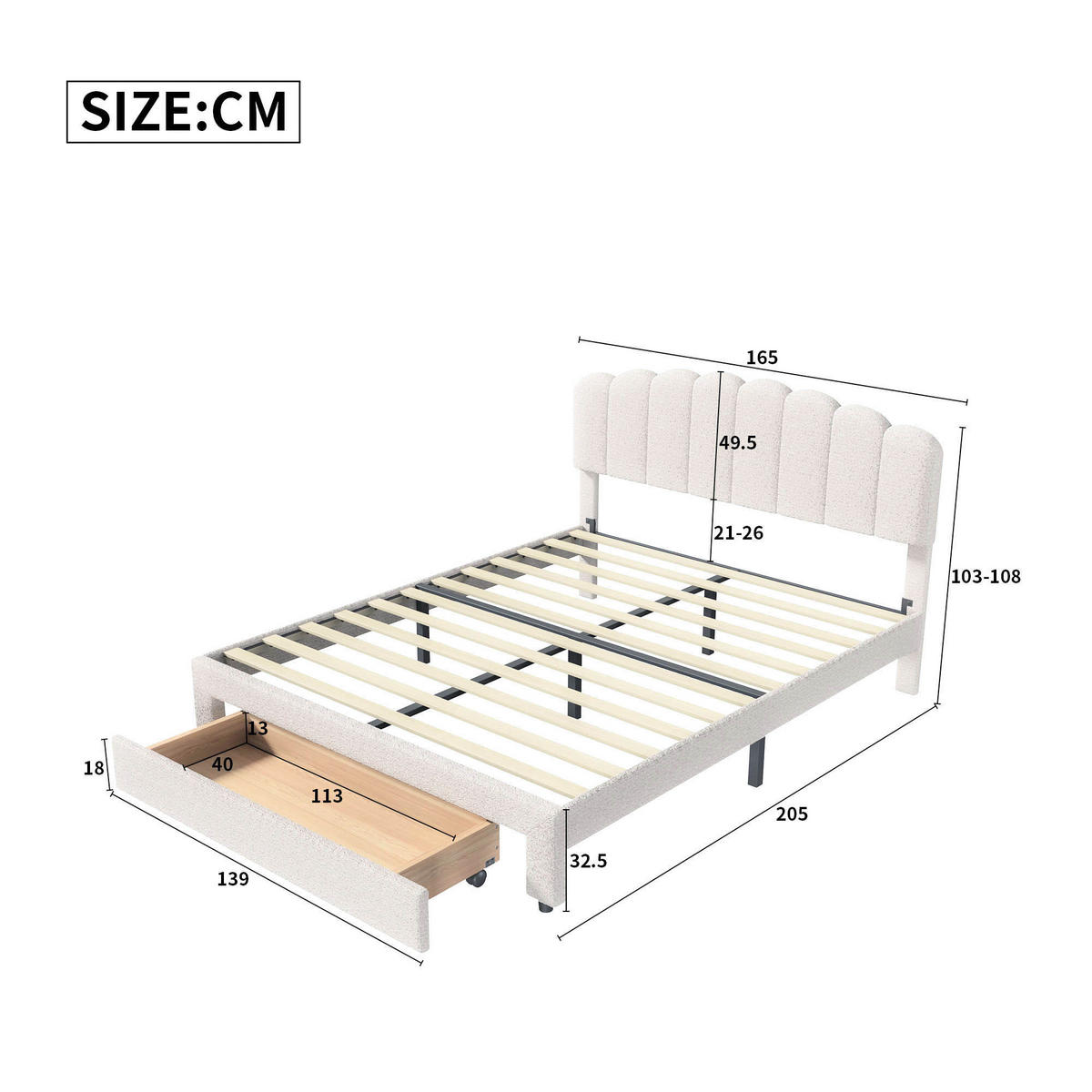 POLSTERBETT 160x200cm beigefarbenes Teddybär-Plüsch-Doppelbett mit USB-Anschluss und Schubladen. - Beige, Textil (160/200cm) - CASIVA