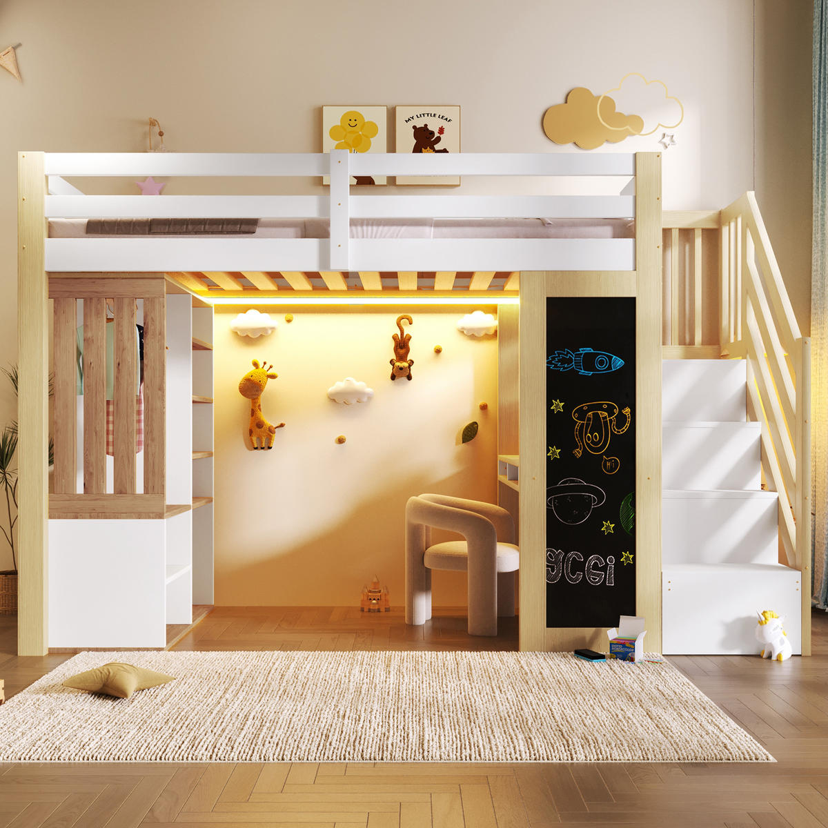 HOCHBETT 90/200 cm in Weiß & Natur mit Schreibtisch, Kleiderschrank und LED - Weiß/Naturfarben, Holz/Holzwerkstoff (90/200cm) - WISHDOR