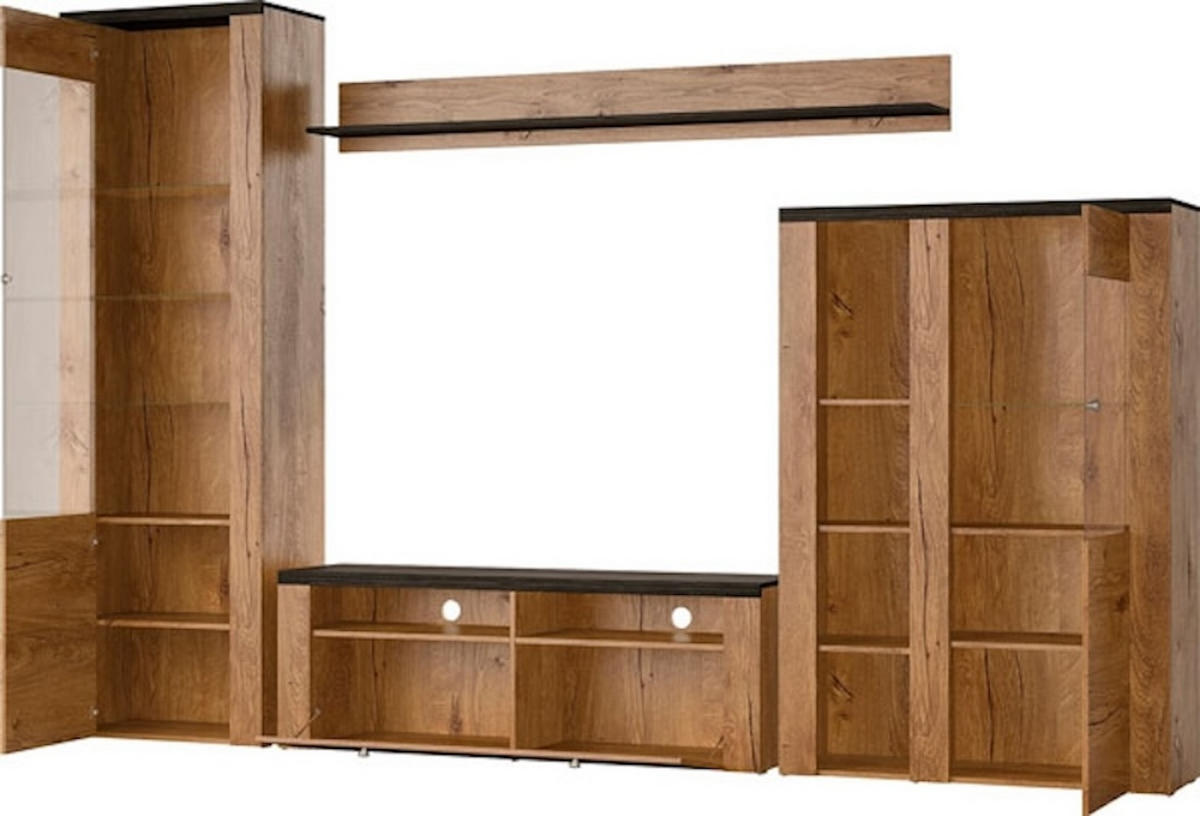 WOHNWAND Larona Eiche Lefkas dunkel 305 / 37 / 205cm 4-teilig - Eichefarben/Braun, Holz/Holzwerkstoff (305/205/37cm) - Feldmann-Wohnen