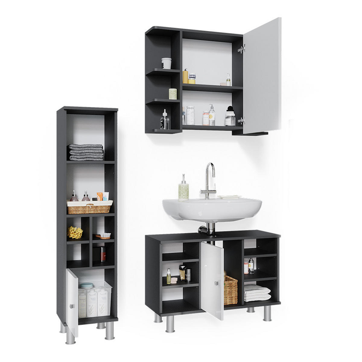 BADMÖBEL-SET Fynn Anthrazit 3 Teile, mit Midischrank Tür klein - Anthrazit/Weiß, Holzwerkstoff (60/54/32cm) - Vicco