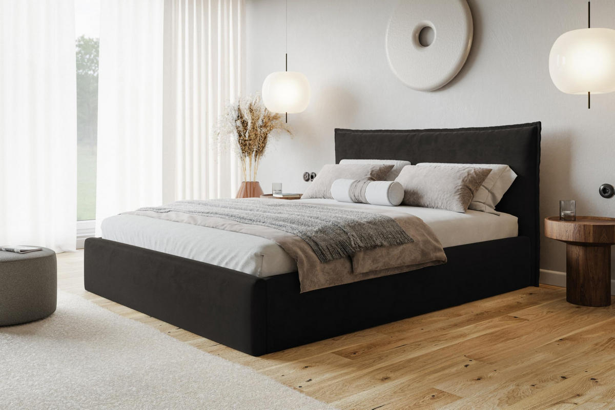 BETT 90x200 - Polsterbett mit Bettkasten und Holzrahmen - Modern Betten - Amor-Samtstoff - Kollektion Rimini - Schwarz - Schwarz, Holz/Textil (90/200cm) - Alpi-Möbel