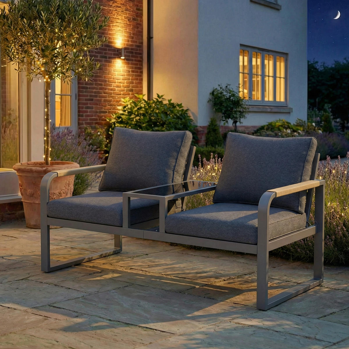 GARTENMÖBEL-SET 2-Sitzer Outdoorsofa Stahl Glas Geflecht Grau - Grau, Textil (75/78.5/137cm) - FLIEKS