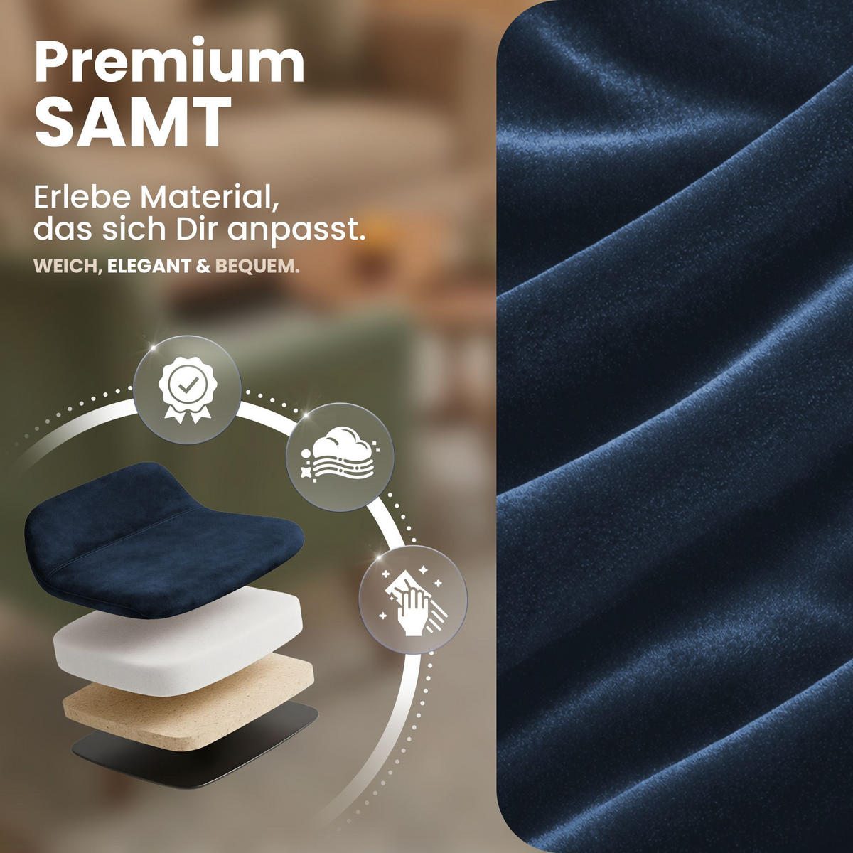 STUHL 4 Samt Blau - Blau/Schwarz, Textil/Metall (45/84/55cm) - CLP