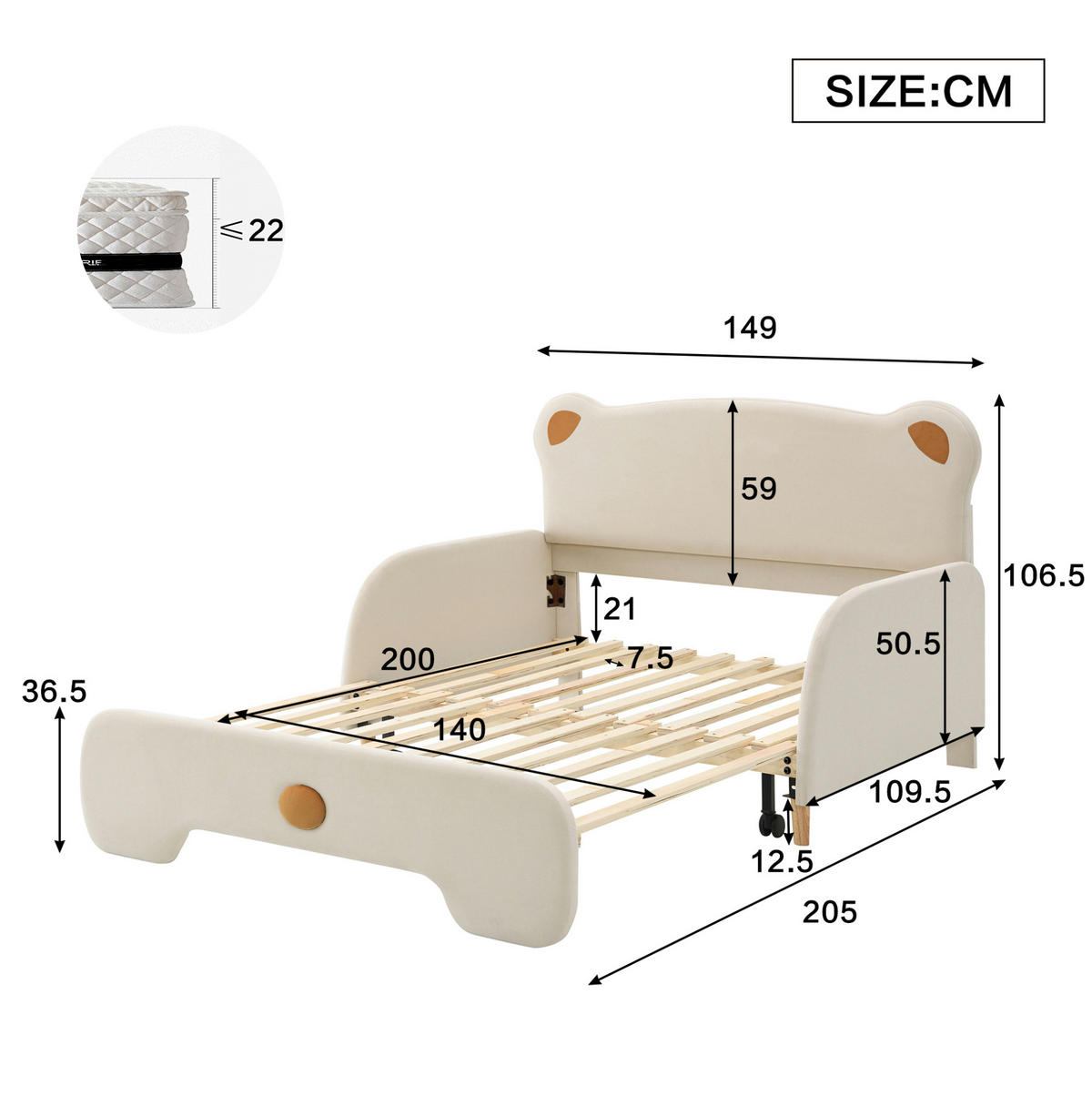 POLSTERBETT 140/200 cm beige aus Samt mit Ausziehbett - Beige, Textil (140/200cm) - OKWISH
