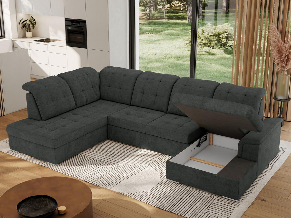 WOHNLANDSCHAFT MADRITO U - Dunkelgrau Struktur - Links - Dunkelgrau/Silberfarben, Textil/Metall (204/89/323cm) - MKS