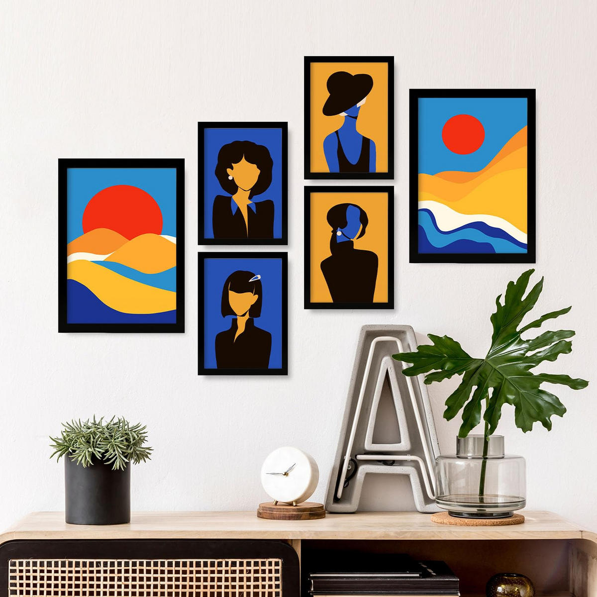 POSTER Set Mit 6 Wüstenjungen In Weibliche Zusammenfassung Ästhetische Dekorative Gemälde Für Ihr Wohnzimmer Zuhause A3 & A4 Schwarzer Rahmen - Schwarz, Papier (29/3cm) - Nacnic