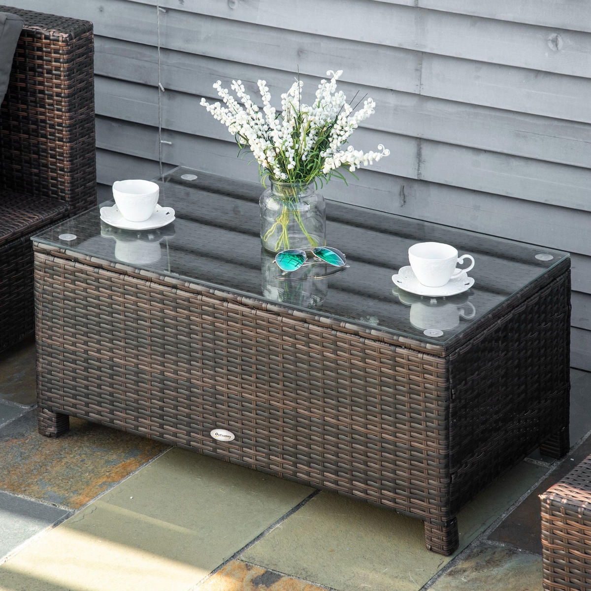 COUCHTISCH, Braun, Metall, PE-Rattan, Gehärtetes Glas - Braun, Kunststoff (85/50/39cm) - Outsunny