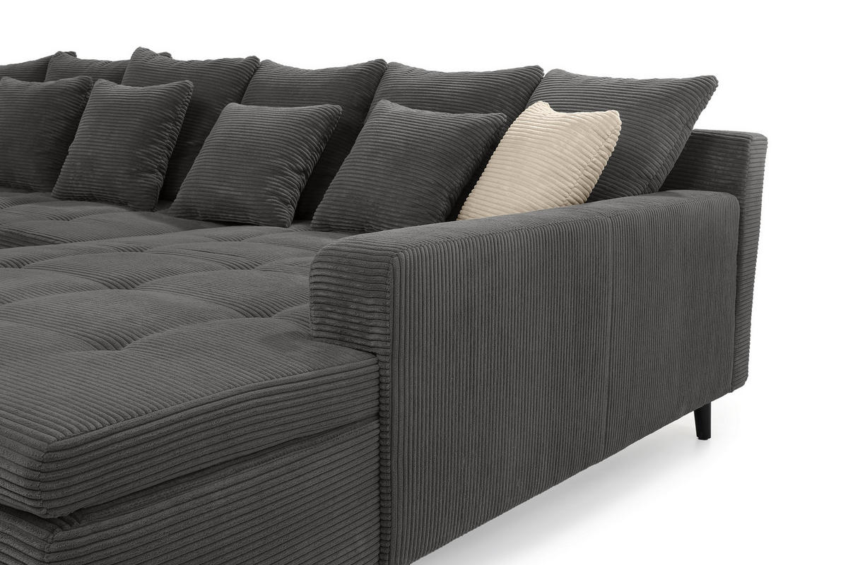 ECKSOFA mit dekorativen Steppungen und Rutschenlehne, seitenverkehrt montierbar B326/T213/H91 cm, Cord Grau Anthrazit / 15222 - Schieferfarben/Anthrazit, Textil/Metall (326/213cm) - luma-home