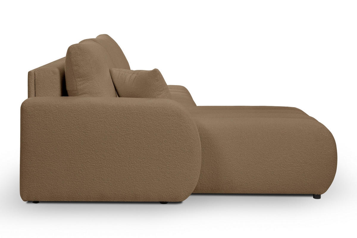 ECKSOFA GIOIA L-S Braun Boucle-Stoff mit Schlaffunktion - Braun, Holz (276/176cm) - MASSENO