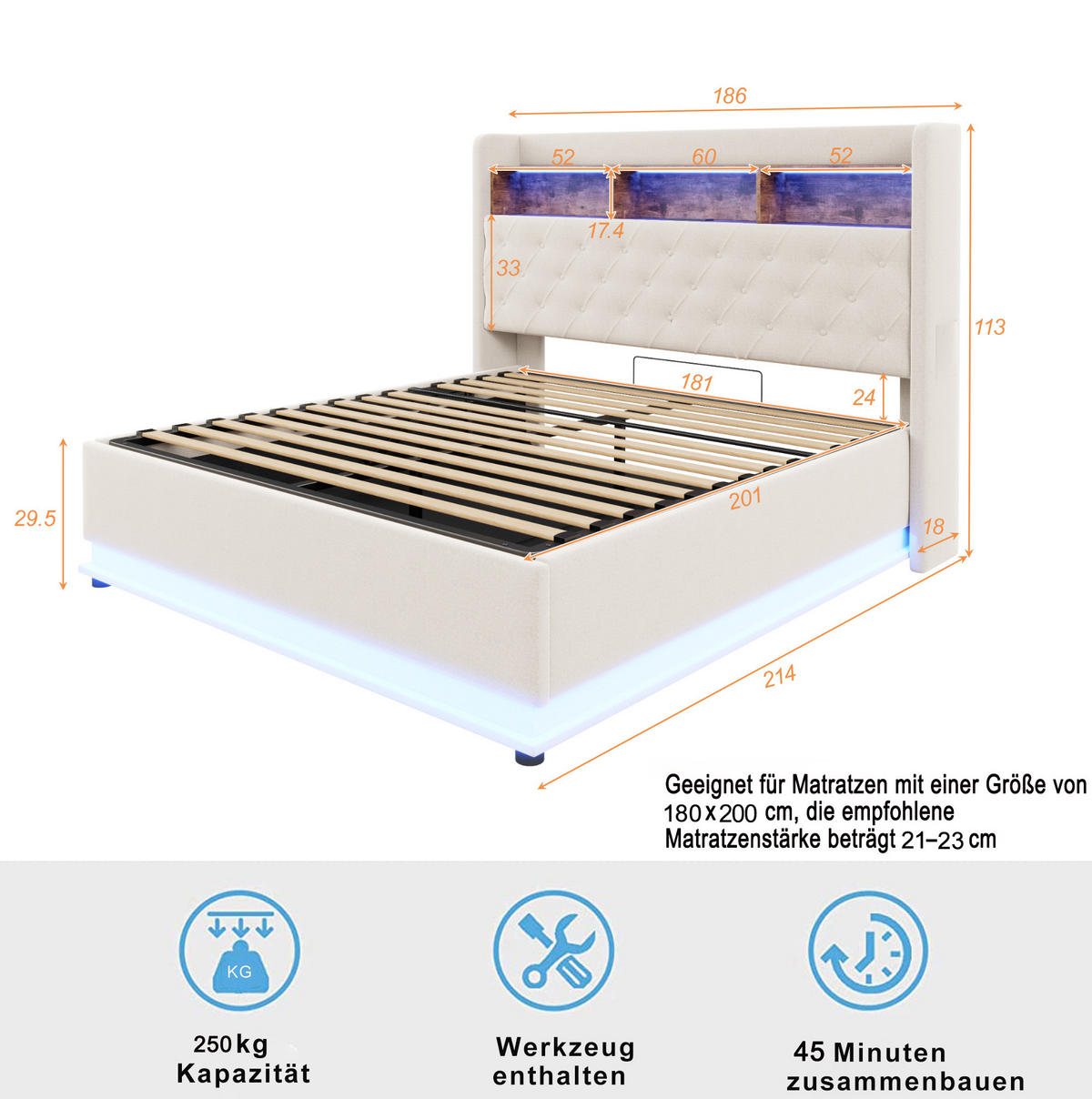 POLSTERBETT 180/200 cm Beige mit USB-Ladeanschluss und hydraulischem Stauraum - Beige, Textil (180/200cm) - OKWISH