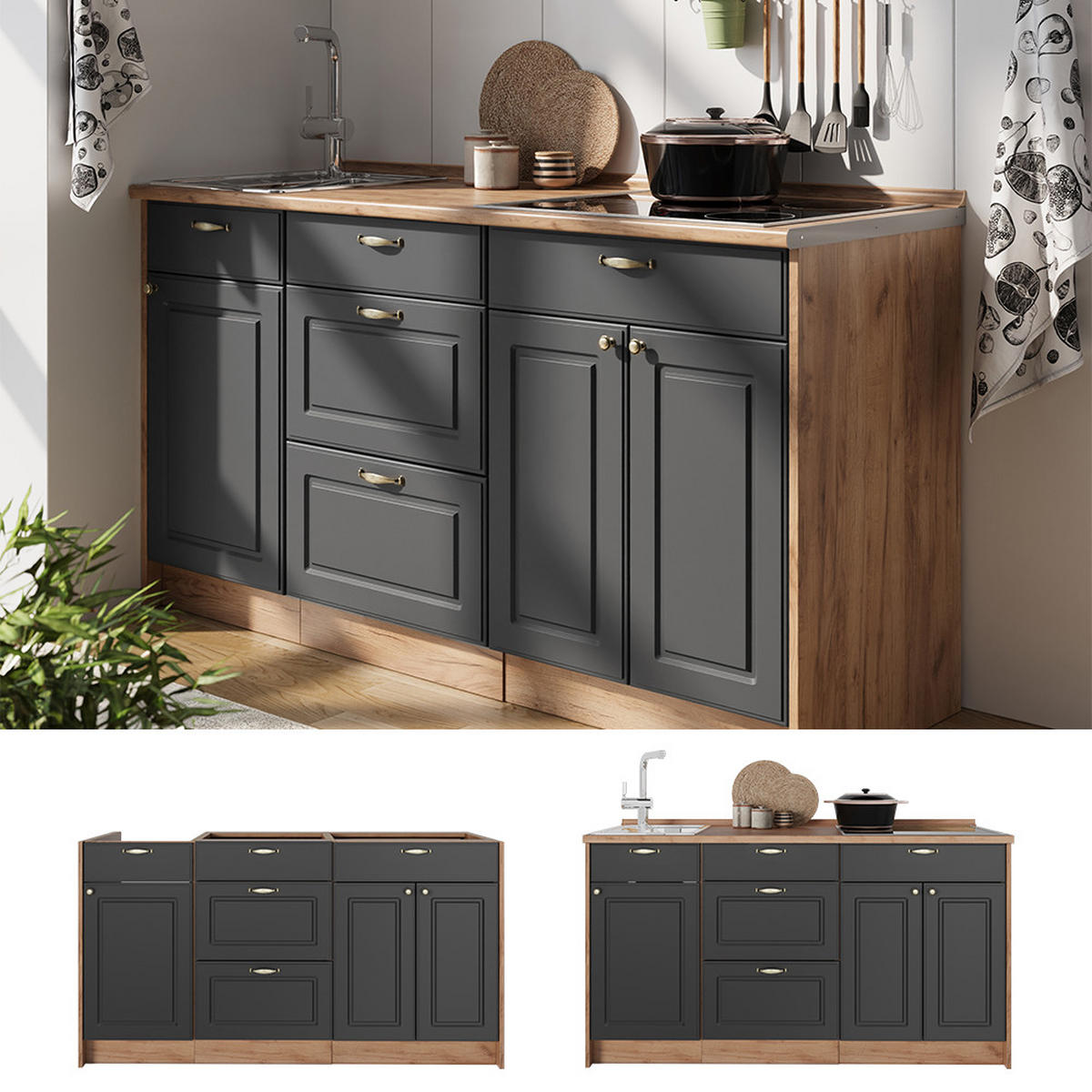 KUCHYNSKÝ BLOK Fame-Line, Antracitovo-zlatý vidiecky dom, 150 cm, AP Marble - dub medový/antracitová, kompozitné drevo (150/82/60cm) - Vicco