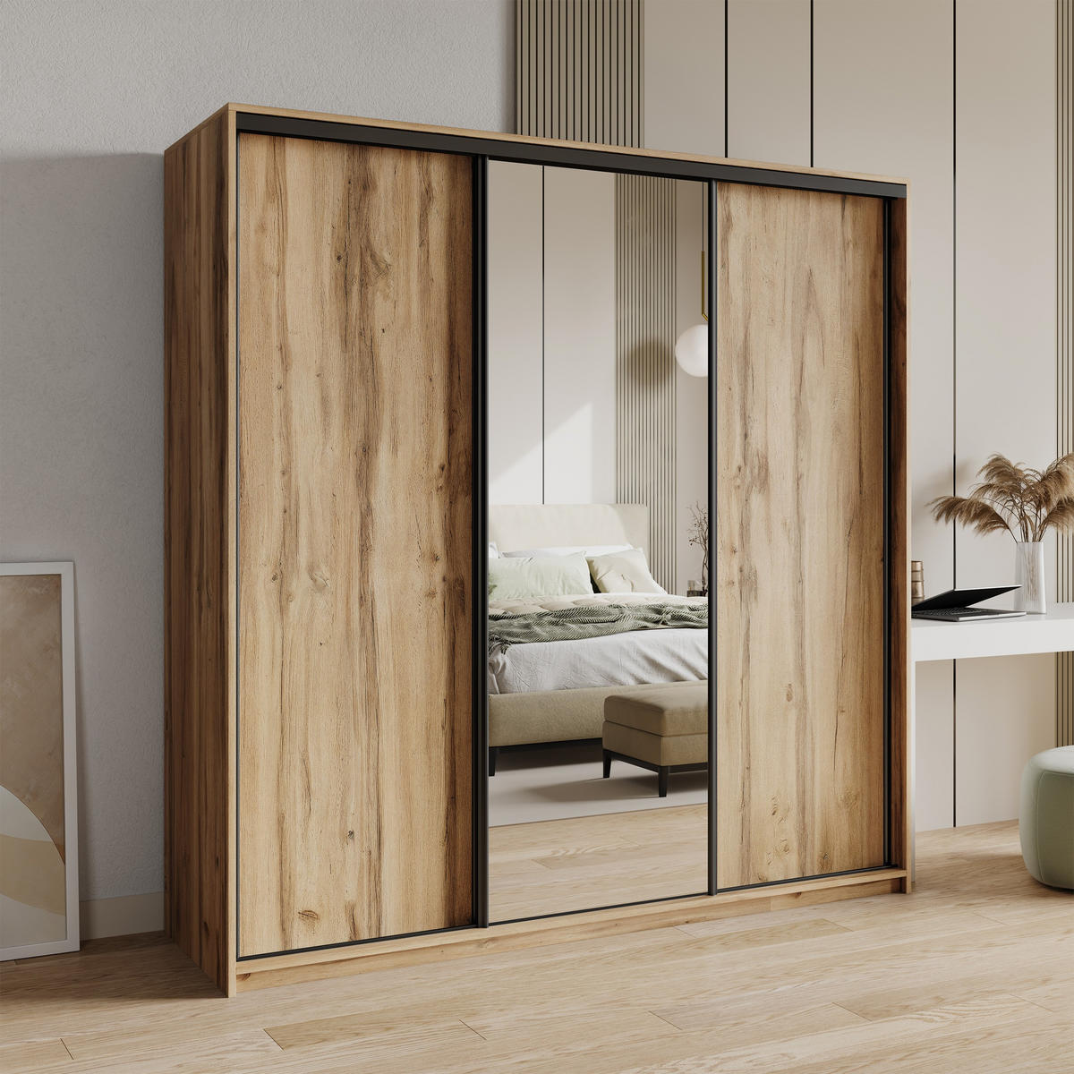 SCHWEBETÜRENSCHRANK TAVI 180/205/60 cm 3-türig mit Spiegel und Schubladen Eiche Wotan - Eiche Wotan/Schwarz, Holzwerkstoff (180/205/60cm) - MASSENO