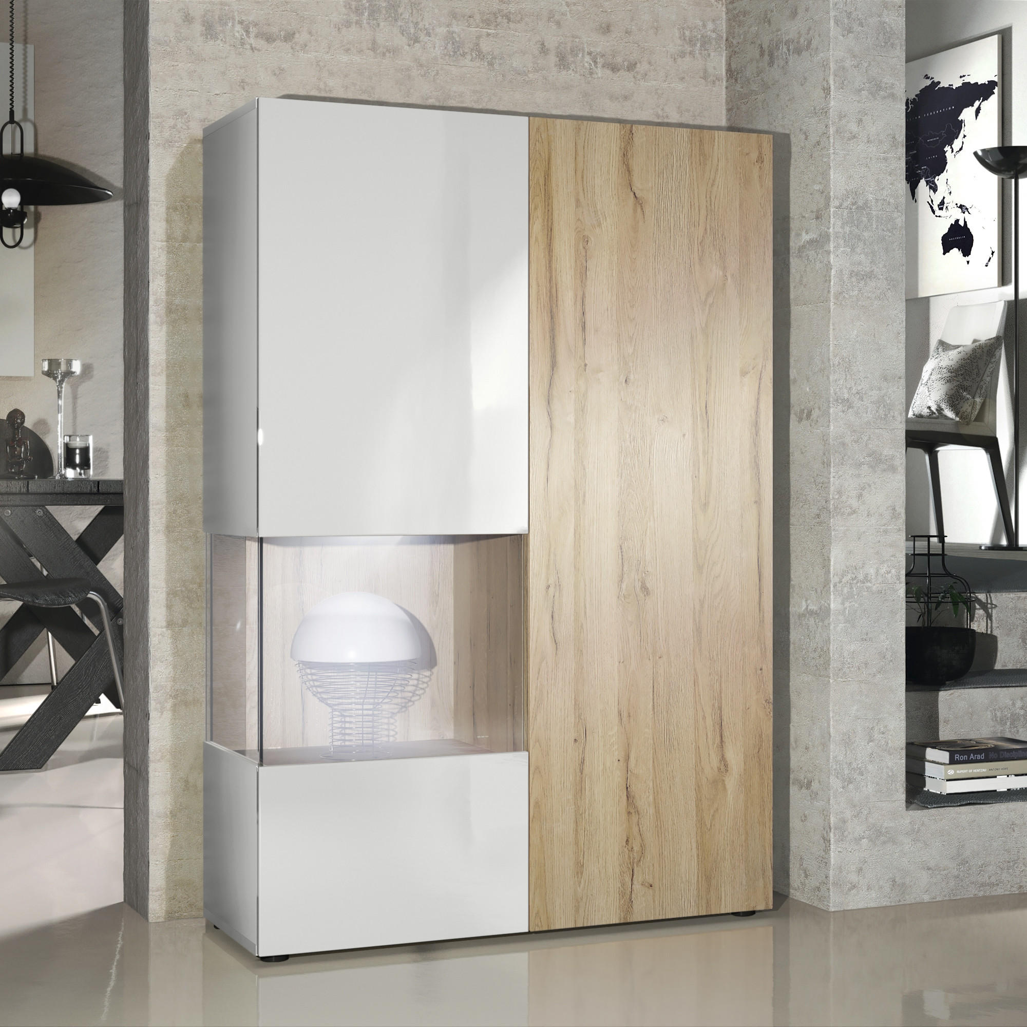 VITRINE Morena Tür und Einsatz in Eiche Natur - Eichefarben, Holzwerkstoff (91.5/136.5/37cm) - Vladon