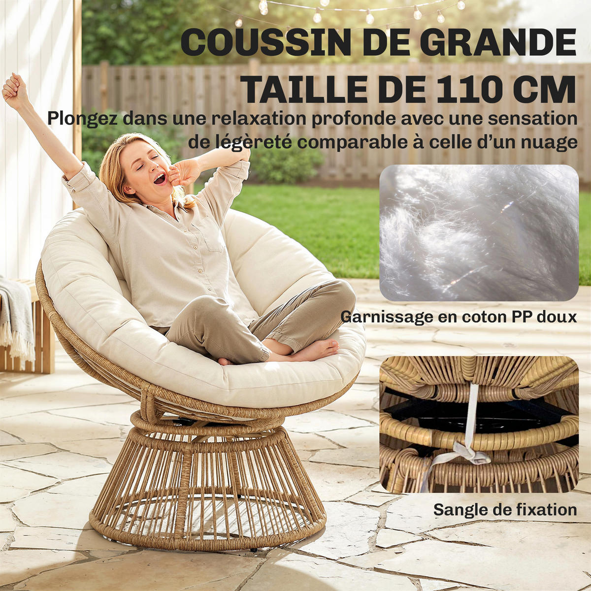 GARTEN-RELAXSESSEL DE-13693 360° drehbar mit 12 cm Polster Natur - Creme, Metall (81/87/93cm) - ComfortXL