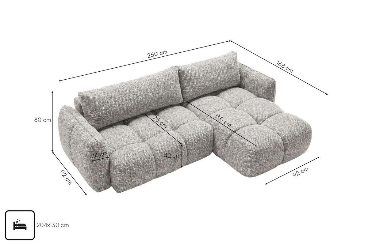 ROHOVÁ SEDAČKA ve tvaru L s funkcí spaní, žinylková tkanina Puente, Světle šedá, Pravá strana, BELVEDER L - světle šedá, dřevo (250/168cm) - Kaiser Möbel