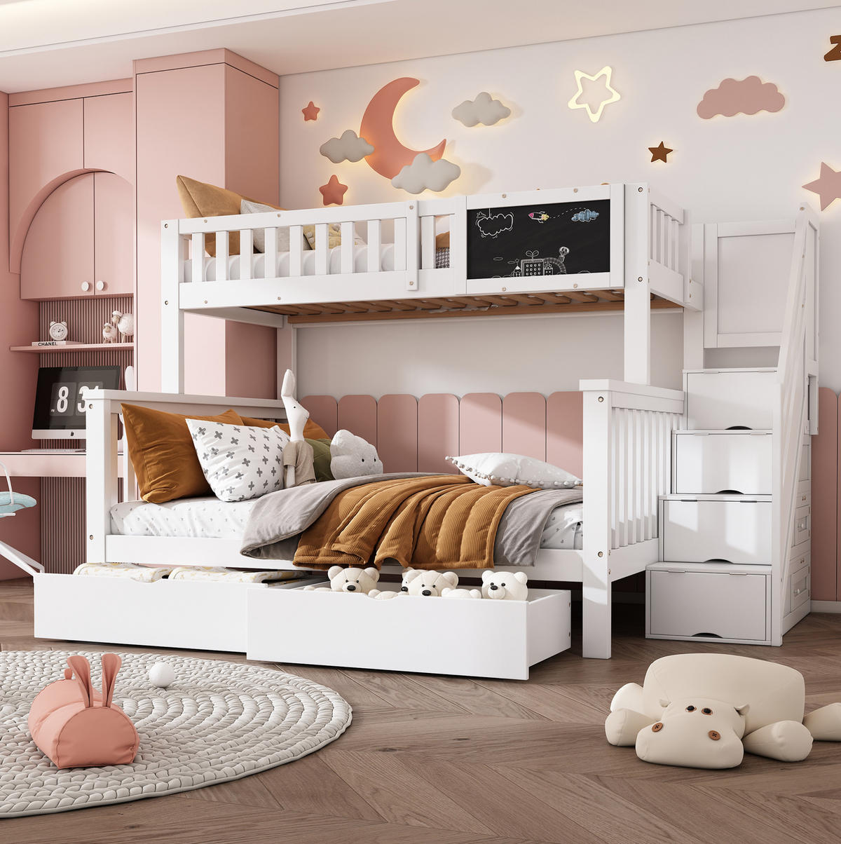 ETAGENBETT 90/200 + 140/200 cm mit Tafel, Stauraumtreppe und Schubladen aus Massivholz, Weiß - Weiß, Holz (90/200cm) - Redom