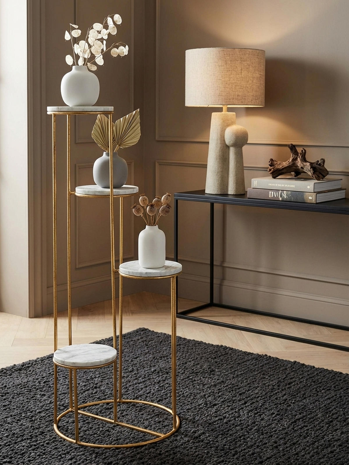 BLUMENSTÄNDER Weiß Marmor für Wohnzimmer und Dekoration - Goldfarben, Stein/Metall (37/37/108cm) - KADIMA DESIGN