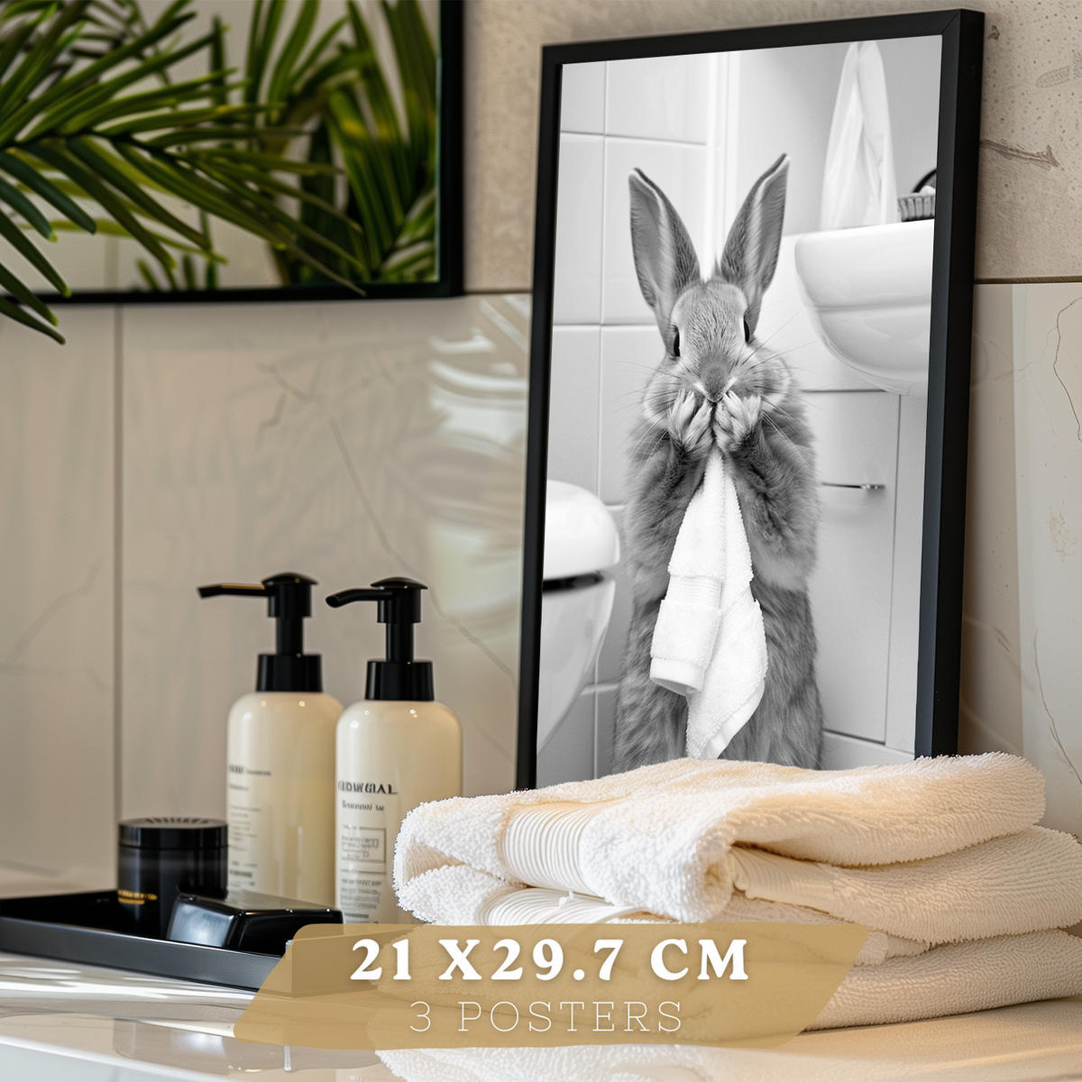 PLAKAT Sada 3 dekorativních nástěnných tisků pro koupelnové umyvadlo - Zvířata.Obrázky králíka, myši a bobra. Velikost Černý rám A3 - černá, papír (29.7/42/3cm) - Nacnic