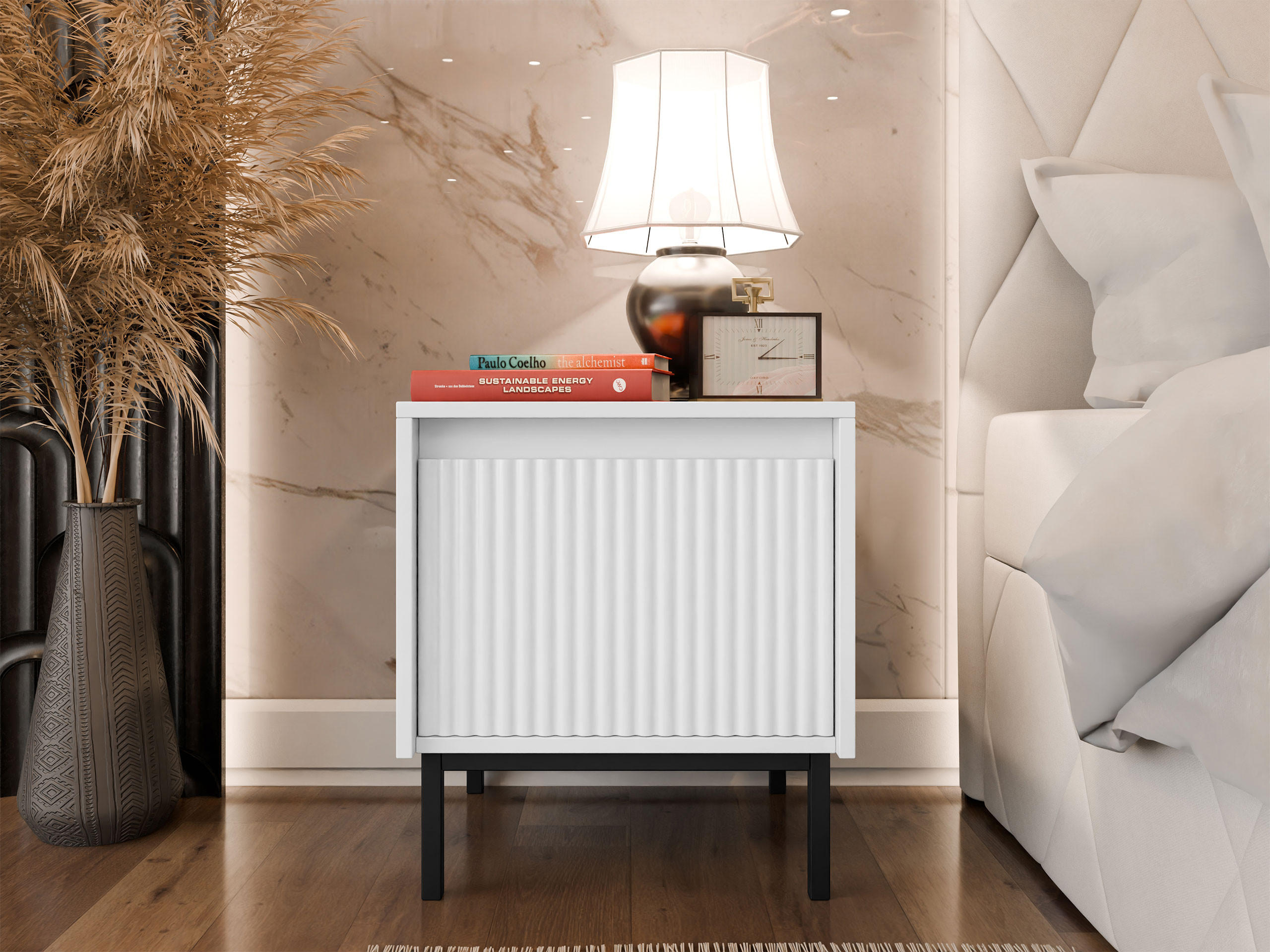 NACHTTISCH Ozmi 1SZ - Schwarz/Weiß, Holzwerkstoff/Metall (45/50/40cm) - MIRJAN24