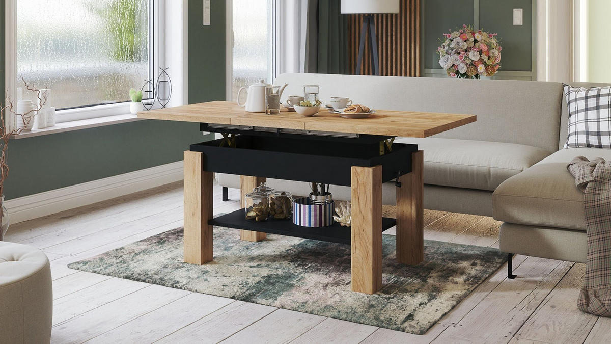 COUCHTISCH rechteckig Eiche Gold - Schwarz ausziehbar höhenverstellbar - Eichefarben/Schwarz, Holzwerkstoff (68/110/59cm) - designimpex