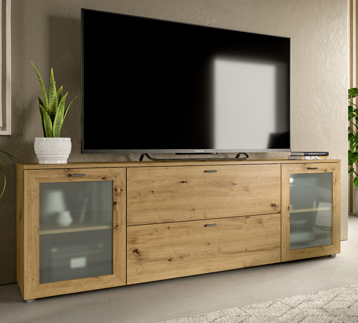 TV-LOWBOARD Eiche Artisan 180 cm, Flat-TV Unterschrank mit Komforthöhe - Silberfarben/Eiche Artisan, Glas/Holzwerkstoff (180/62/37cm) - Inn.Furn