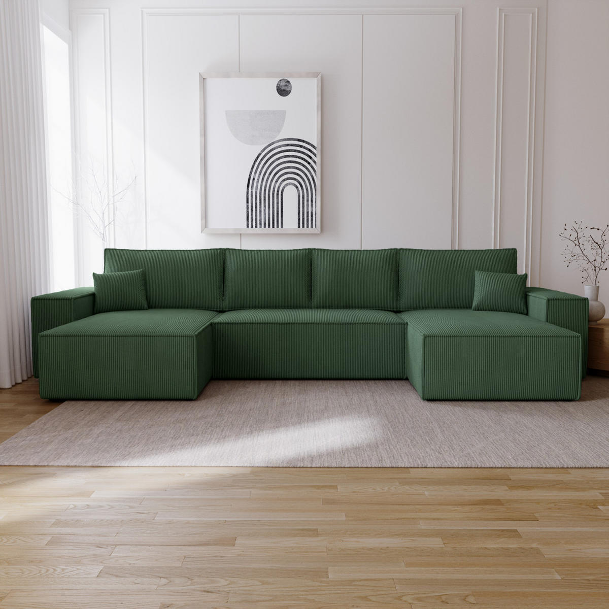 ECKSOFA U 380 cm Bergamo mit Schlaffunktion, Cordstoff, Grün - Grün, Holz (377/189cm) - Emporius