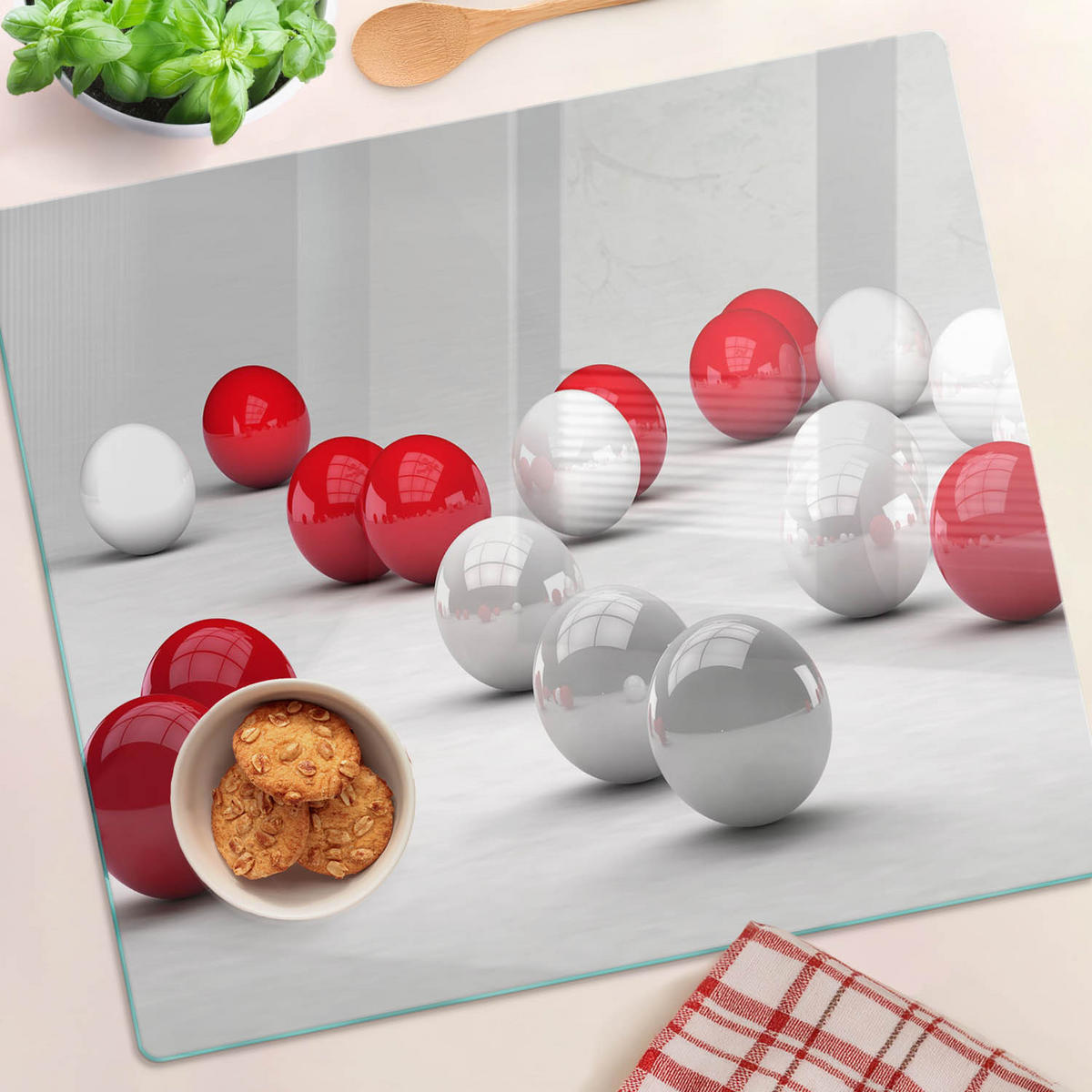 GLASPLATTE 60x52 cm Rote und weiße Bälle - Rot, Glas (60/0.4/52cm) - TULUP