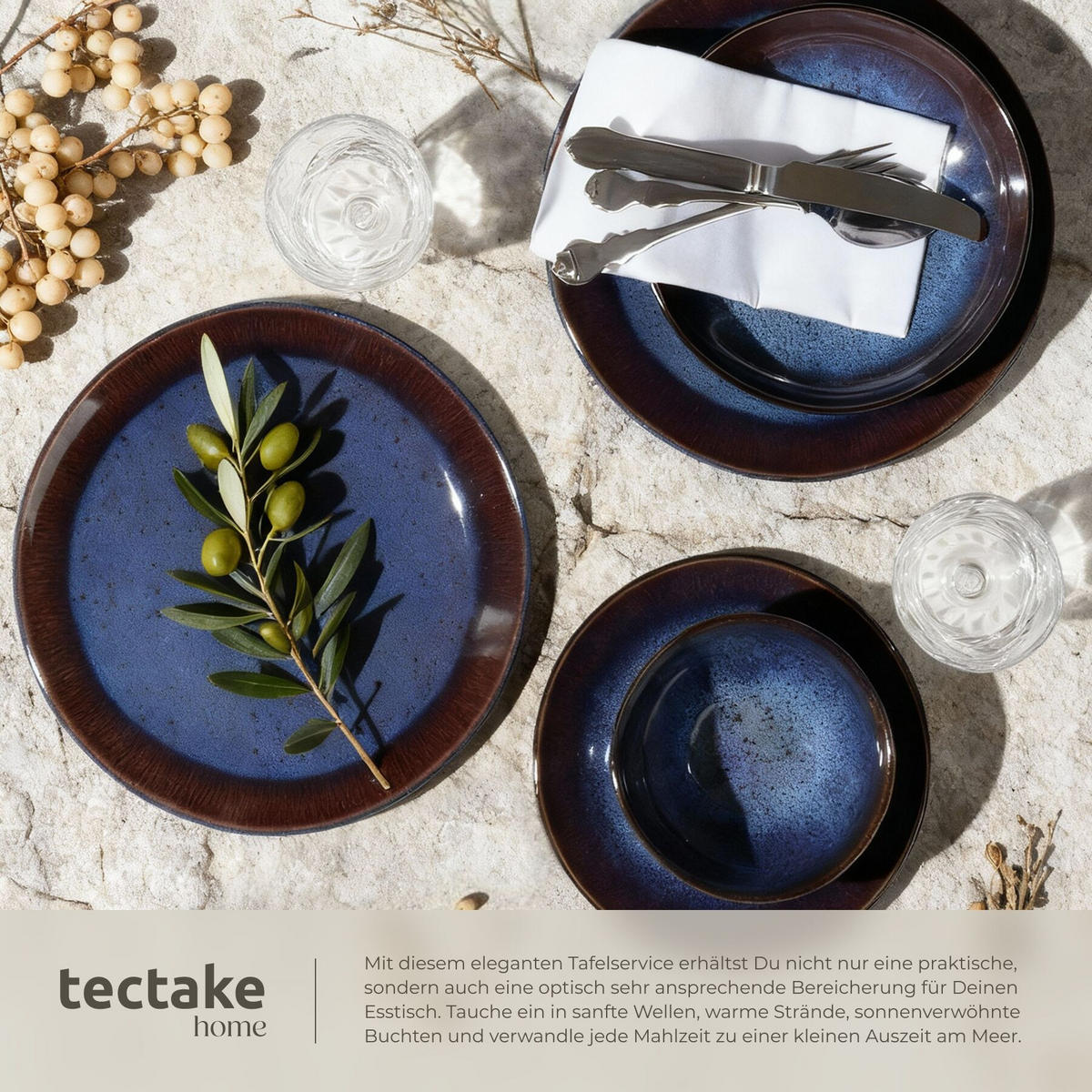 TAFELSERVICE Mare, ineinander stapelbar, blau/braun - Blau, Keramik (26.5/2.5/26.5cm) - tectake