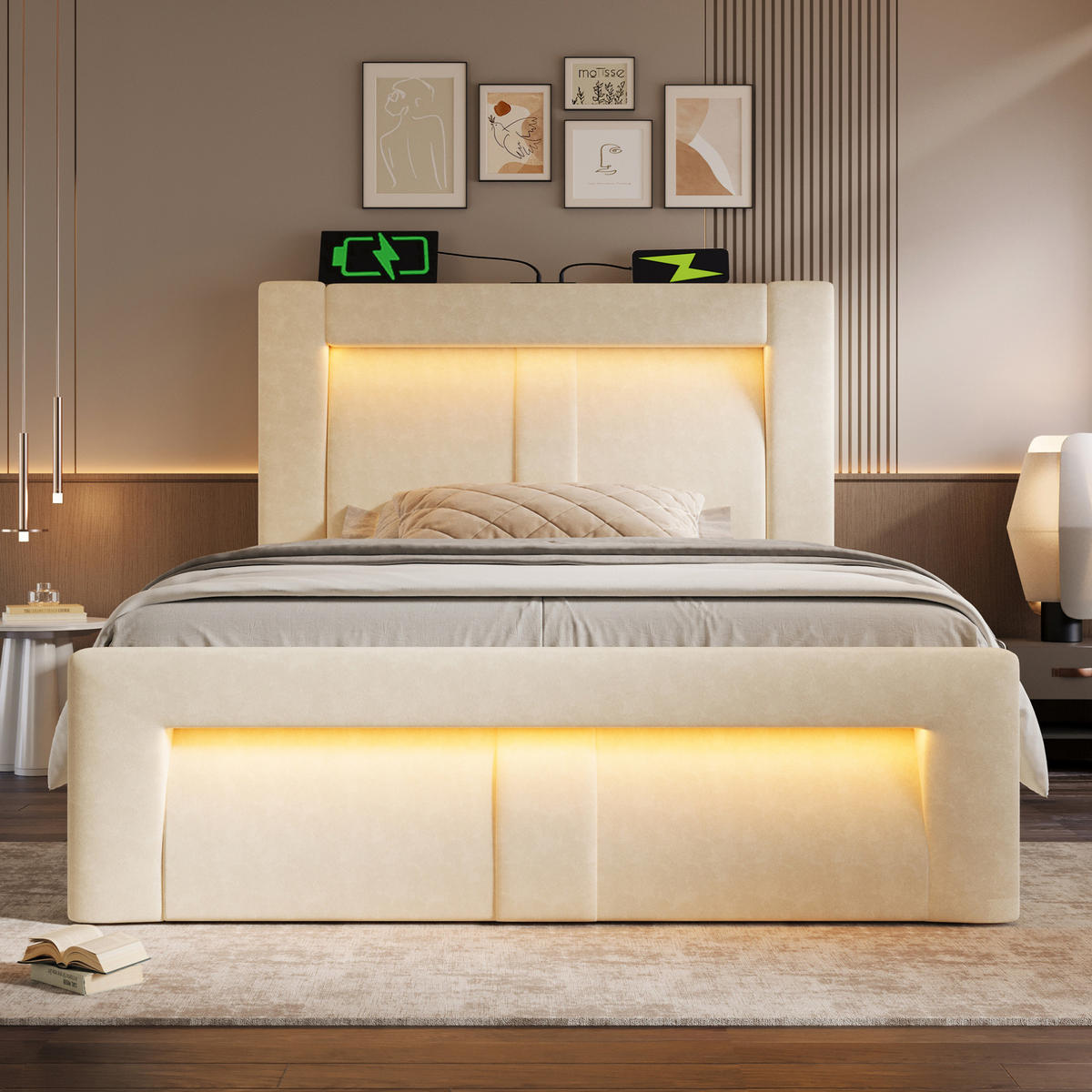 POLSTERBETT 90/200 cm mit Bettkasten, LED, USB- und Type-C-Anschluss, Samt, inklusive Matratze, Beige - Beige, Textil (90/200cm) - Redom