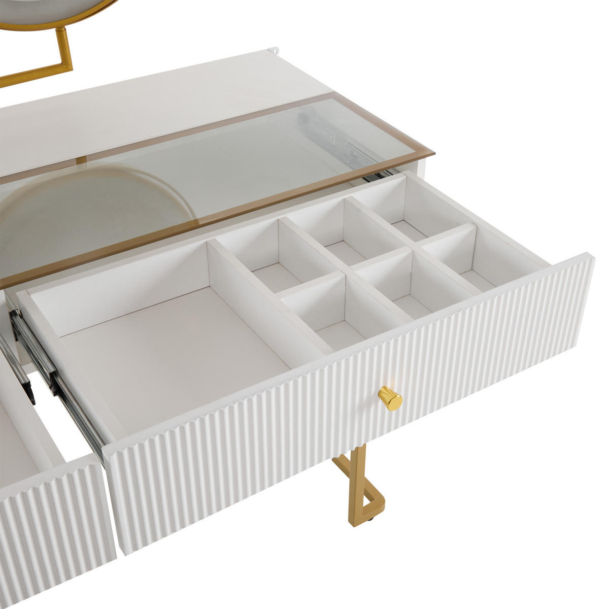 SCHMINKTISCH in Weiß Frisiertisch-Set mit LED Spiegel Glasplatte seitlichem Schrank für Schlafzimmer, B120/T45/H115cm - Transparent/Goldfarben, Glas/Holzwerkstoff (120/115/45cm) - STILVORA