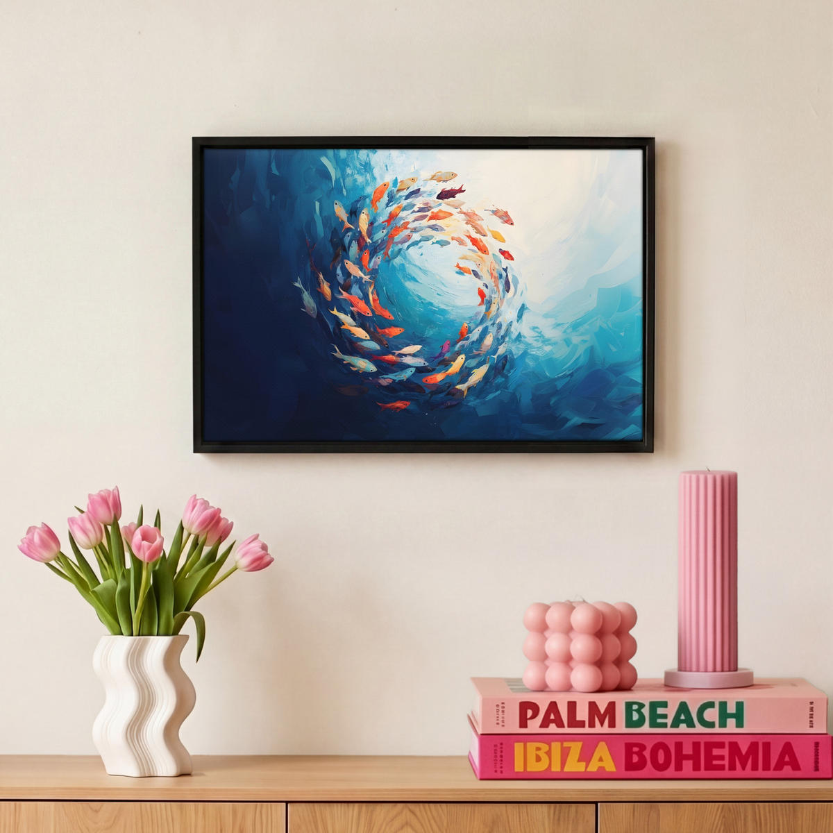 LEINWAND Bilder mit Rahmen - Meer - Fische - Bunt - Dynamisch - 30x20 - Hellblau, Textil (30/20cm) - MuchoWow
