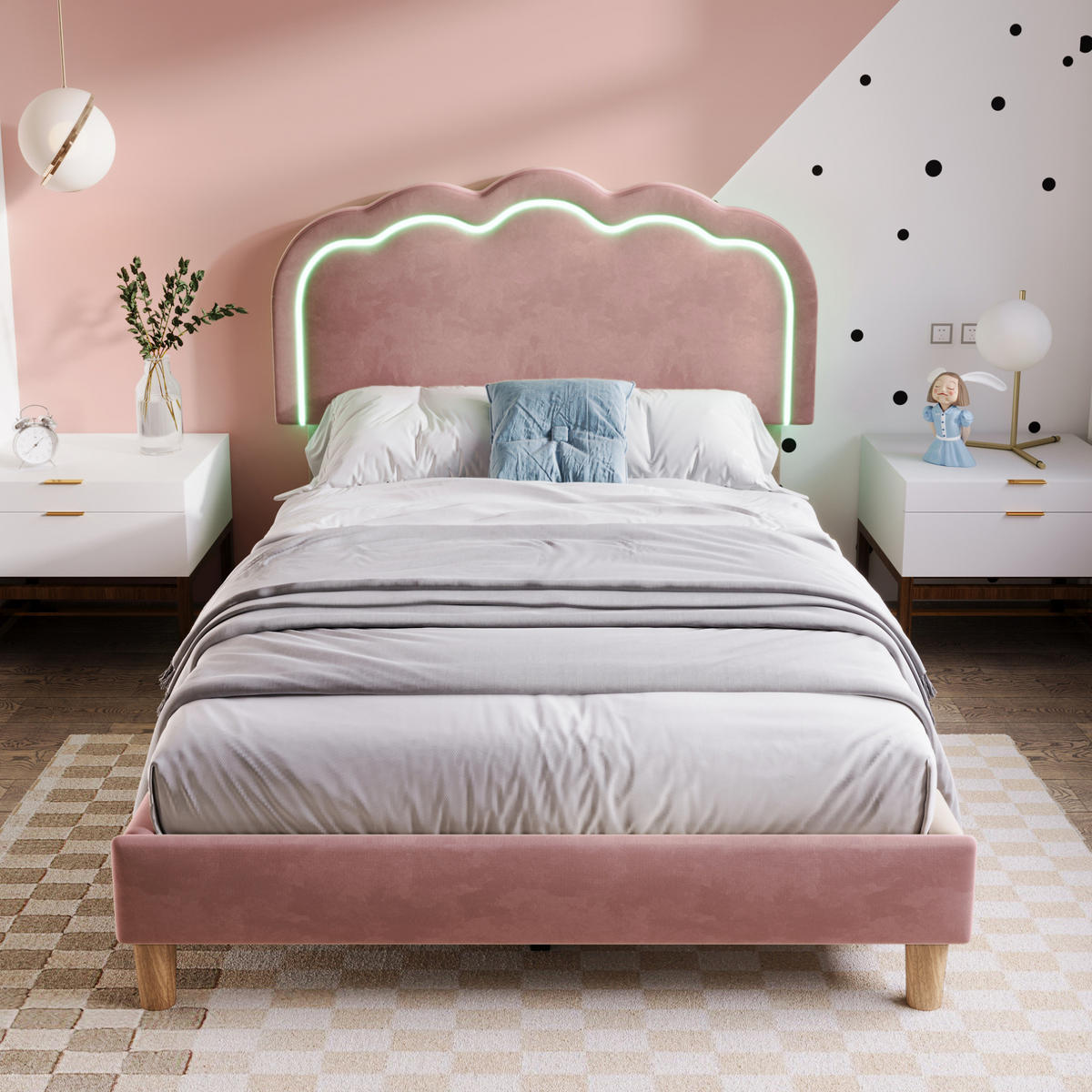POLSTERBETT 90/200 cm aus Samt mit LED-Kopfteil und verstellbarer Höhe Rosa - Pink, Textil (90/200cm) - Modenvie