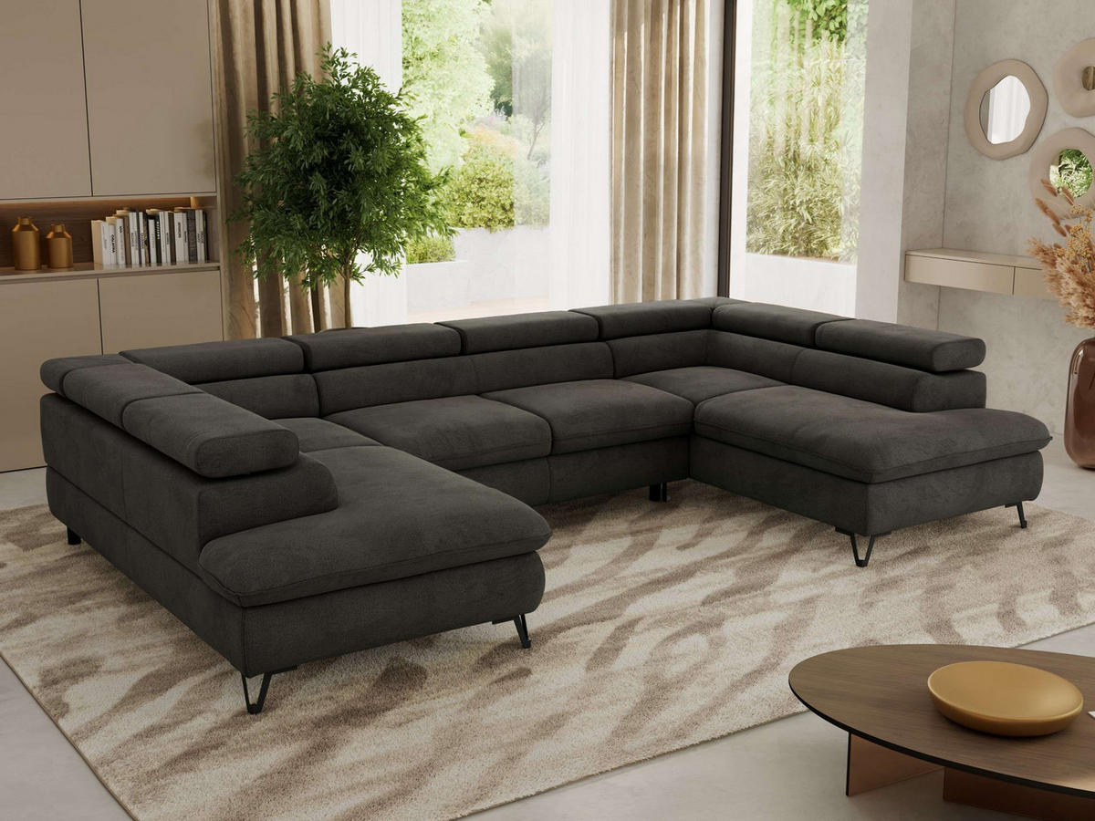 WOHNLANDSCHAFT PABLO U Velvet Dunkelgrau mit Topper T25 - Dunkelgrau/Schwarz, Textil/Metall (346/76/208cm) - MKS