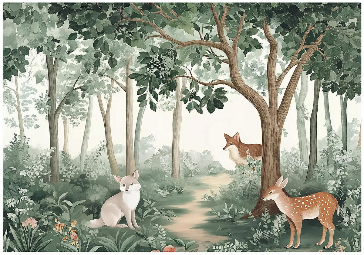 FOTOTAPETE Kinderzimmer Wald Tiere Vlies Tapete 200x140 - Multicolor, Papier (200/140cm) - Wallarena